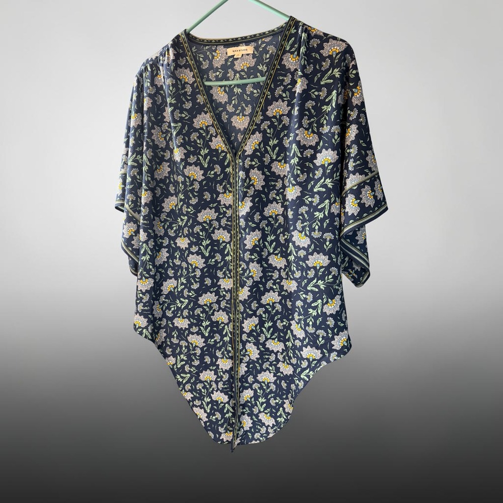 Max Studio Navy Blue Floral V-Neck Tie Back Kimono Sleeve Blouse 9703C32 Size‎ L
